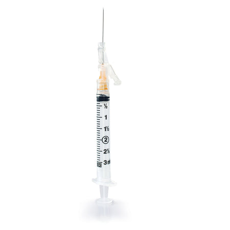 McKesson 306619 Safety Hypodermic Syringe with Needle, 25 Gauge, 3 mL, Luer Lock Tip