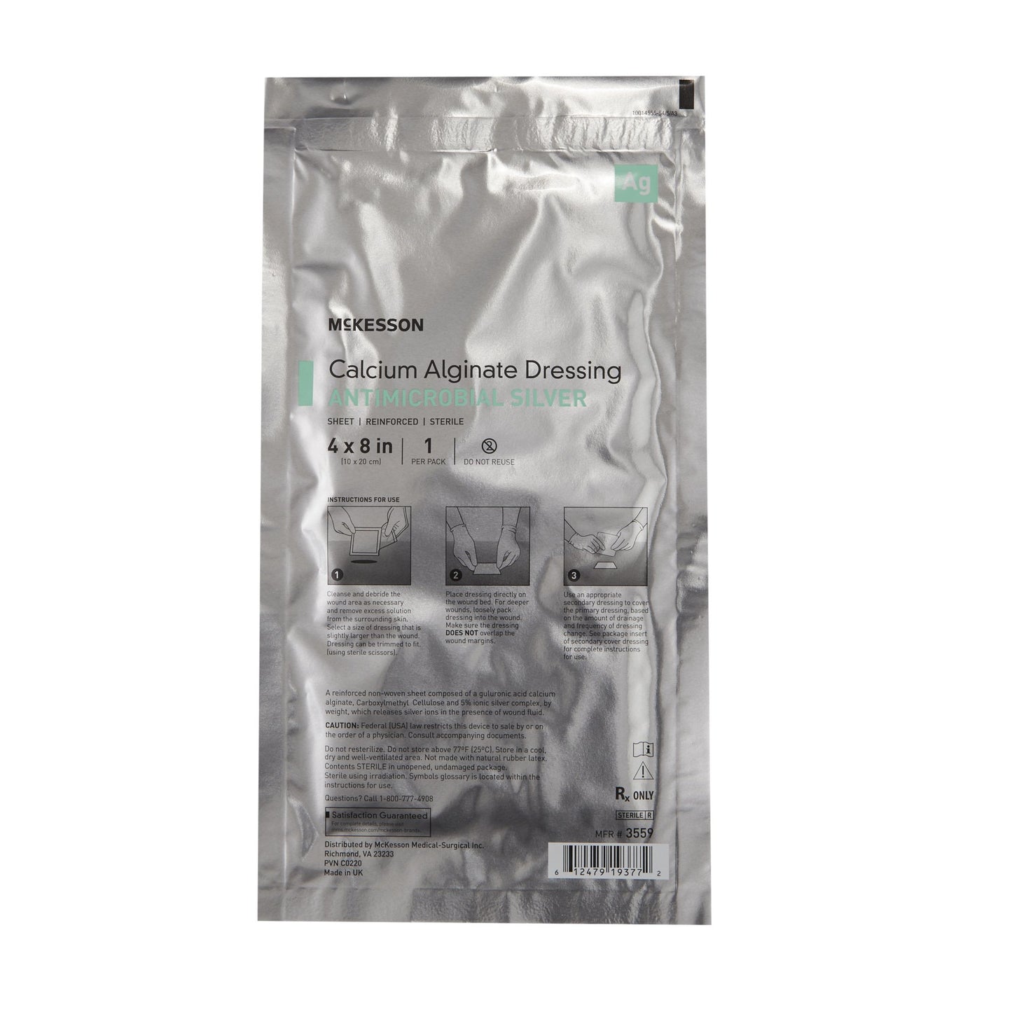 McKesson Silver Calcium Alginate Dressing, 4 x 8 Inch