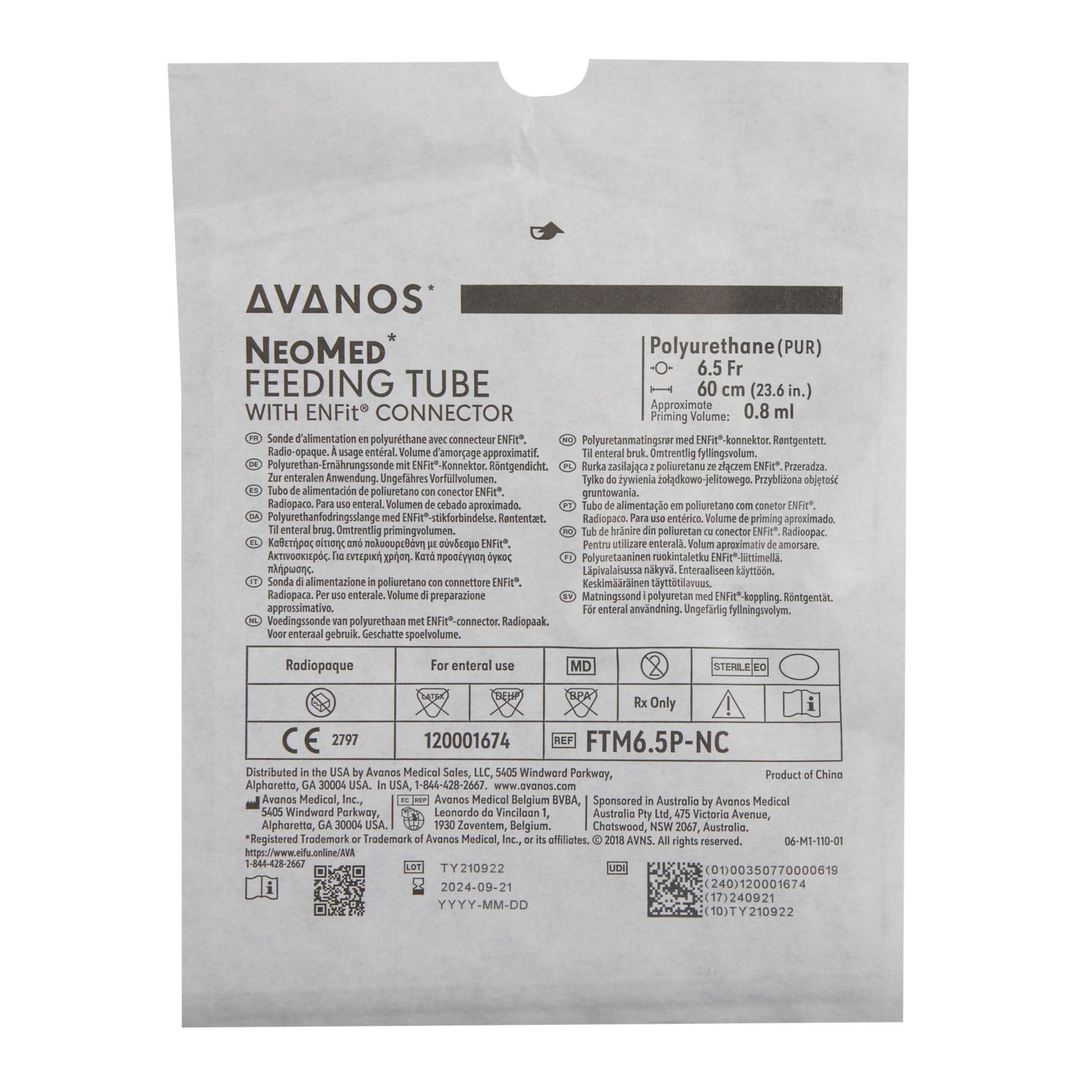 Nasogastric Feeding Tube NeoMed® 6.5 Fr. 60 cm Tube Polyurethane Sterile
