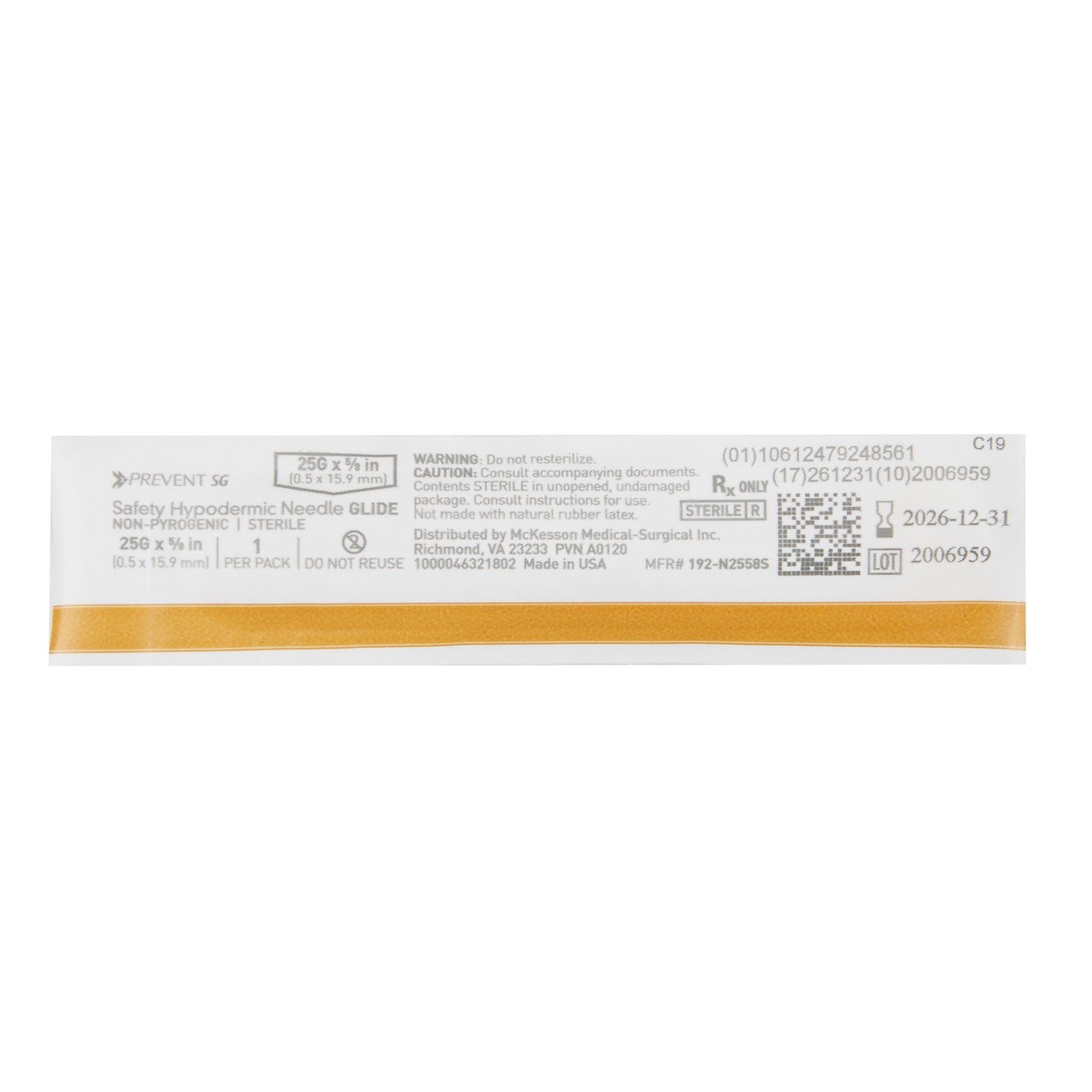 Safety Hypodermic Needle McKesson Prevent SG 5/8 Inch Length 25 Gauge Thin Wall Sliding Safety Needle
