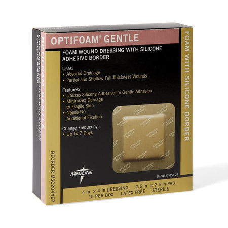 Medline MSC2044EP Optifoam Gentle Adhesive with Border Silicone Foam Dressing, 4 x 4 Inch