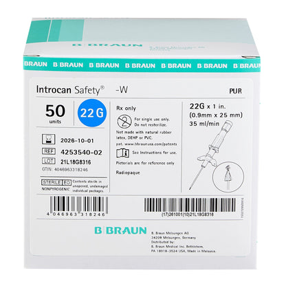 Introcan Safety® Peripheral IV Catheter, 22 Gauge, Winged