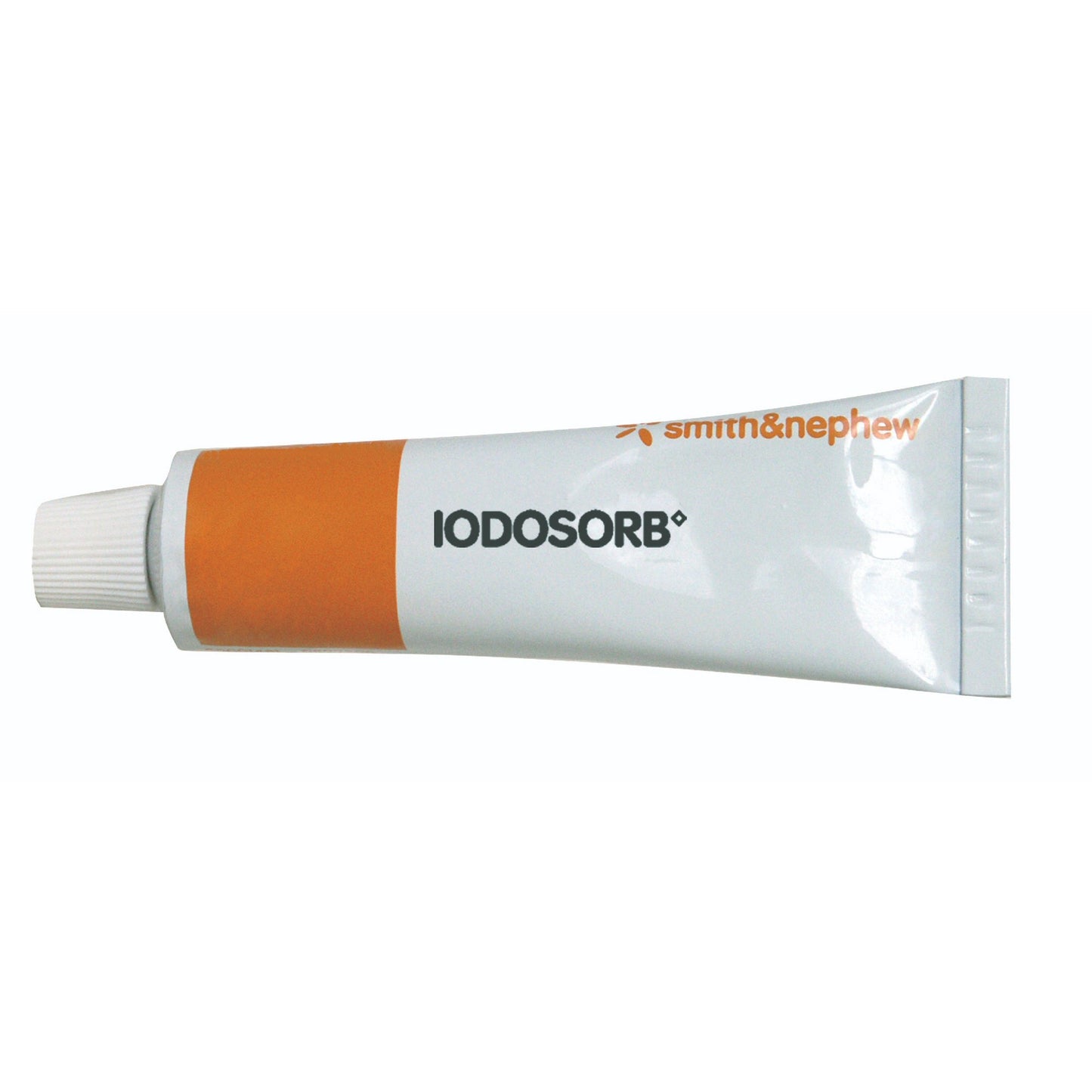 A stock photo of a Smith and Nephew 6602124014 Iodosorb cadexomer iodine gel 10g tube with retail packaging at Lexicon Medical Supply.