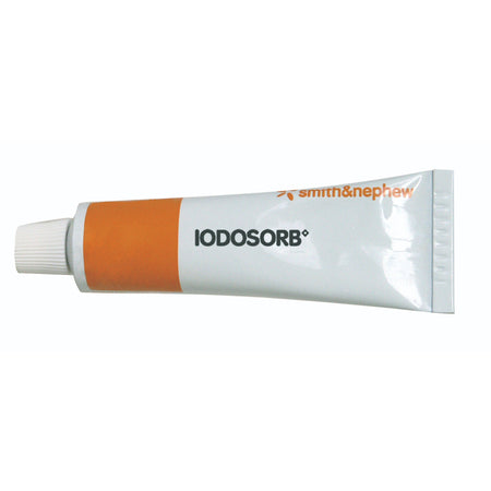 A stock photo of a Smith and Nephew 6602124014 Iodosorb cadexomer iodine gel 10g tube with retail packaging at Lexicon Medical Supply.