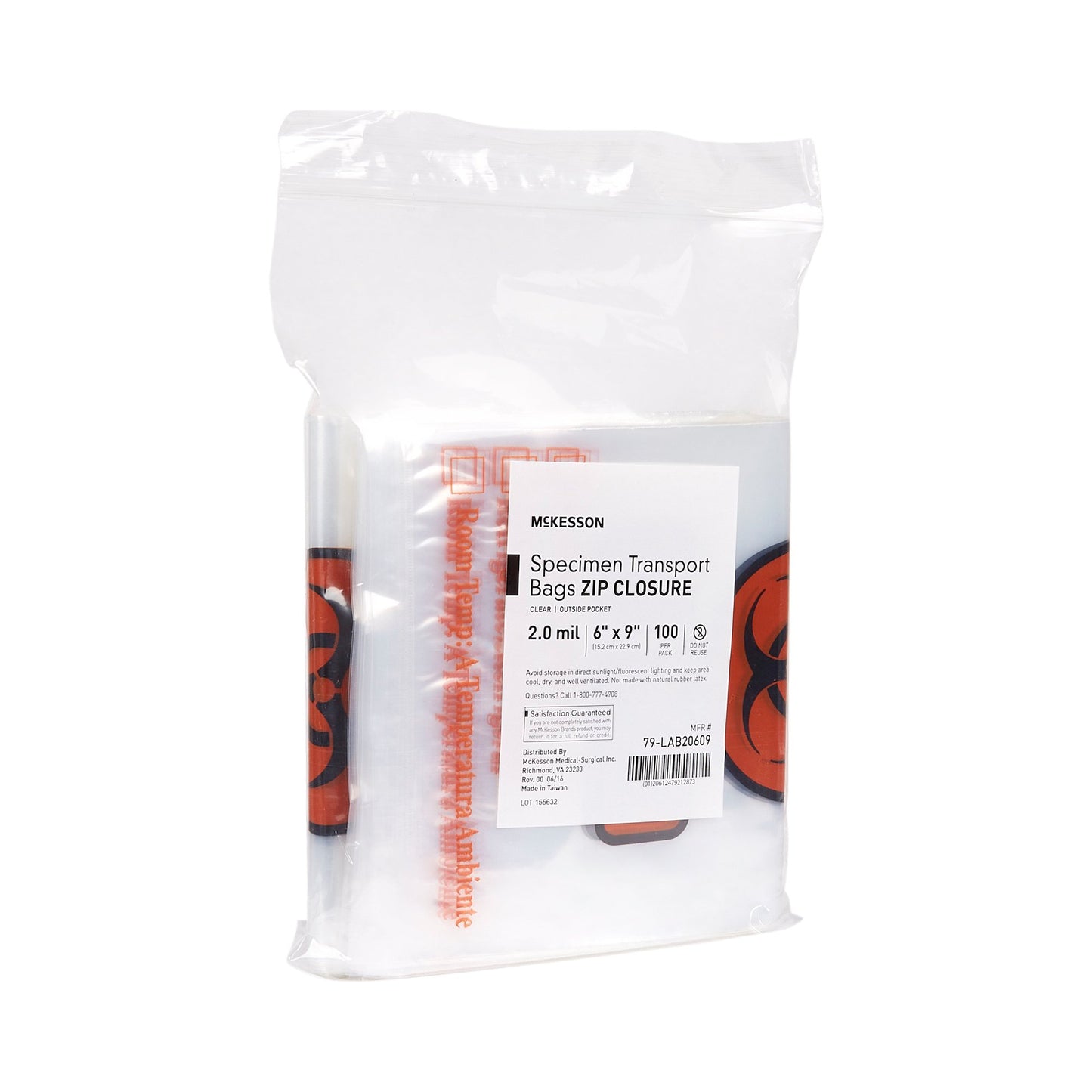 McKesson Specimen Transport Bag with Document Pouch, Zip Closure, 6 x 9 Inch