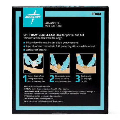 Foam Dressing Optifoam® Gentle EX 4 X 4 Inch With Border Waterproof Backing Silicone Face and Border Square Sterile