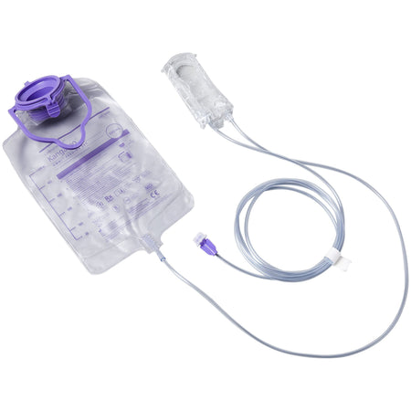 An unboxed Cardinal Health B5FD feeding set showcasing the 500 mL graduated bag, clear tubing, and purple ENFit connector.