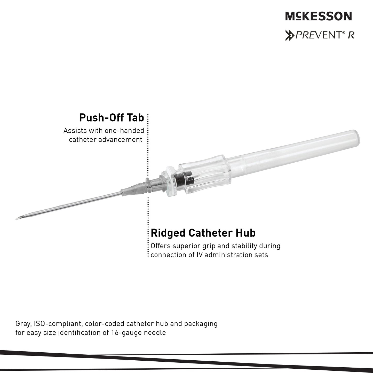 Peripheral IV Catheter McKesson 16 Gauge 1.16 Inch Polyurethane Straight Hub Non Blood Control Push Button Safety