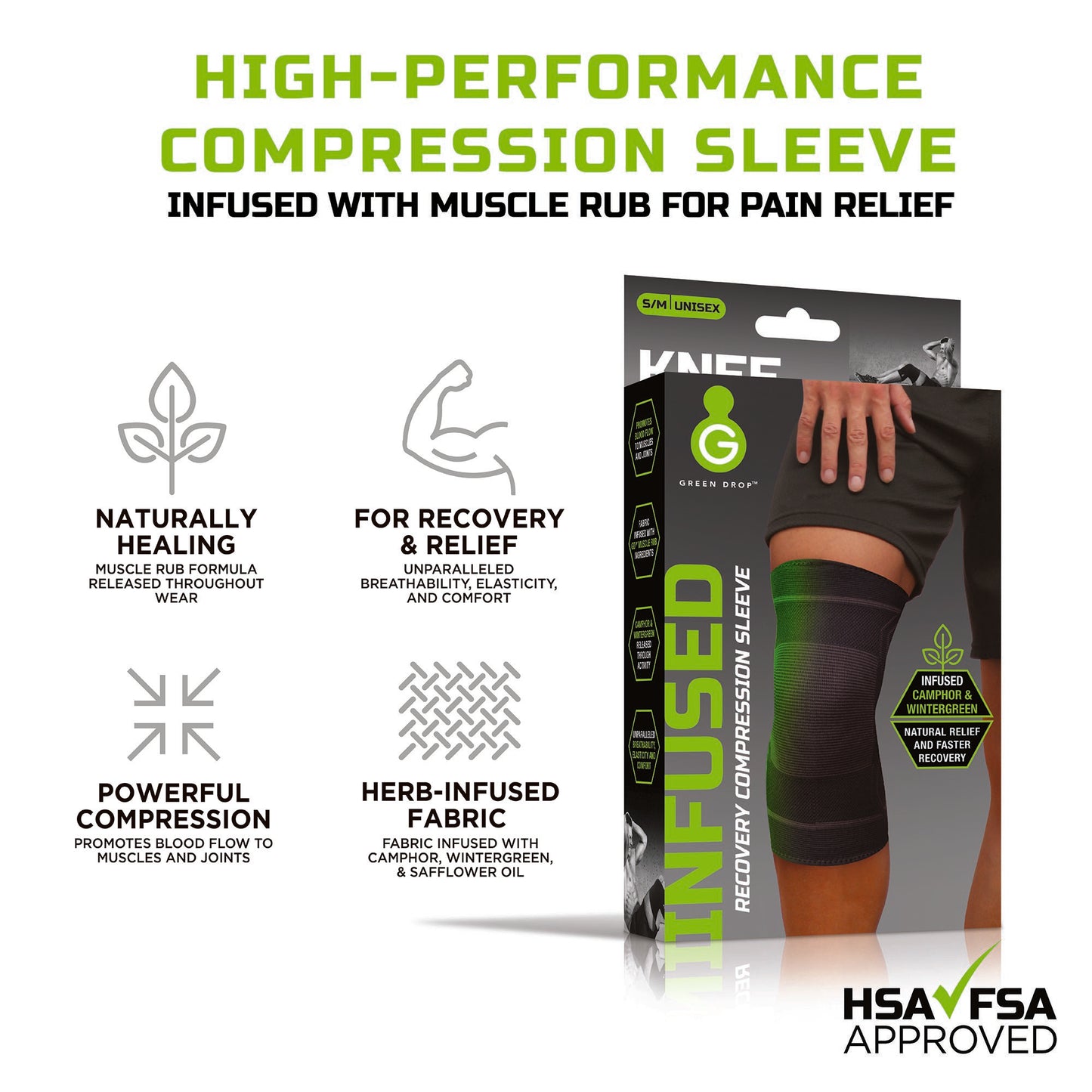 Green Drop™ Infused Compression Sleeve Knee Support, Small/Medium
