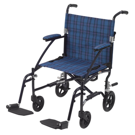 drive™ Fly-Lite Ultra Transport Wheelchair, Blue Frame w/ Plaid Upholstery