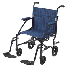 drive™ Fly-Lite Ultra Transport Wheelchair, Blue Frame w/ Plaid Upholstery