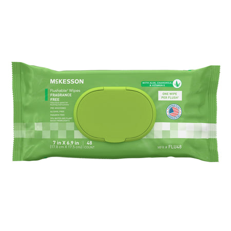 McKesson FLU48 Flushable* Wet Wipes - Unscented, 48 Wet Wipes per Pack