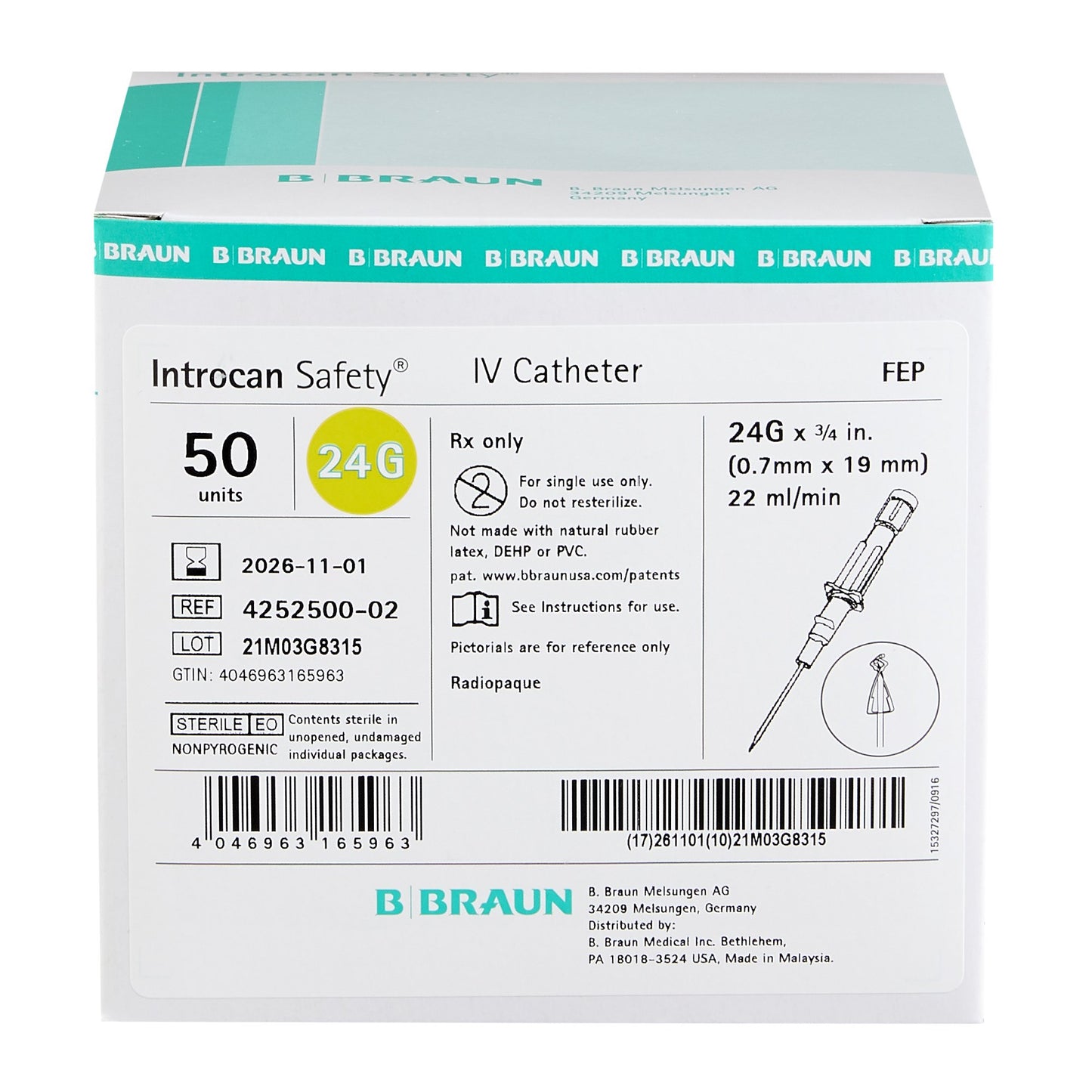 Introcan Safety® Peripheral IV Catheter, 24 Gauge, Straight