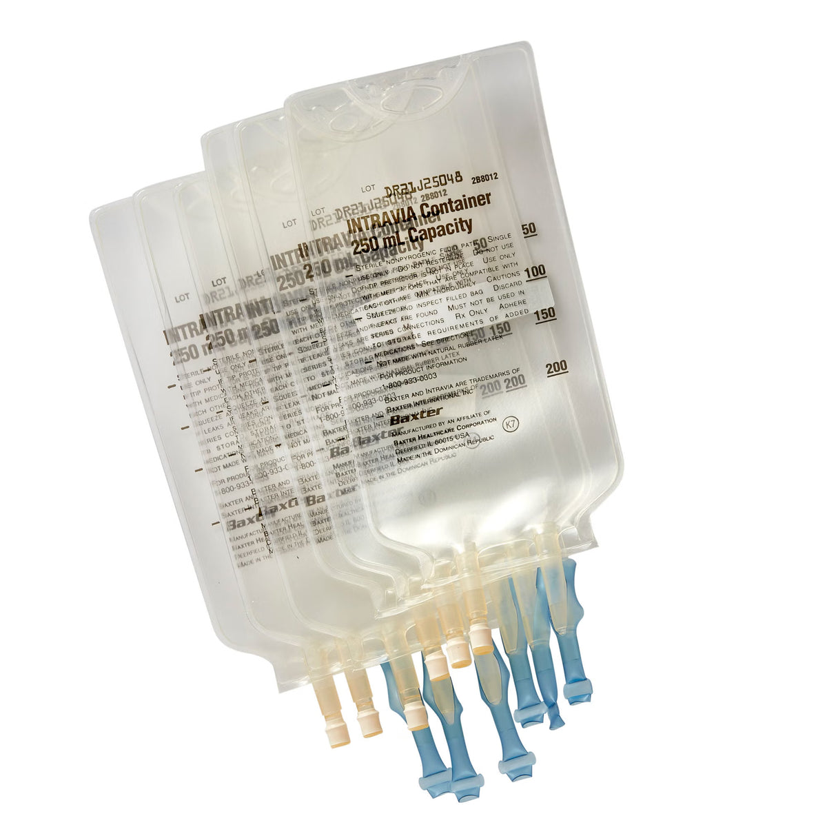 Baxter 2B8012 INTRAVIA 250 mL empty IV bag with two PVC ports, sterile fluid path, 48 per case