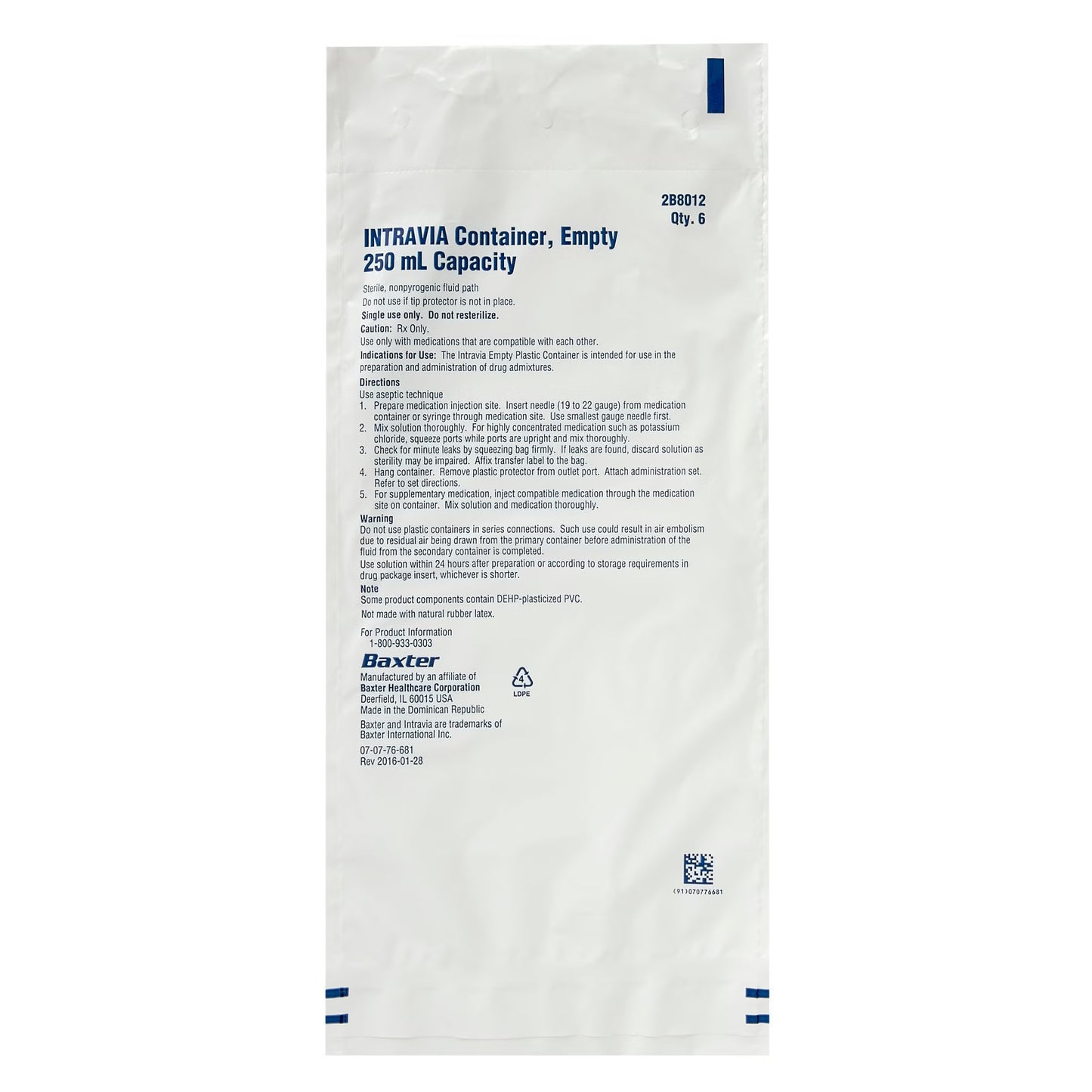 Baxter 2B8012 INTRAVIA IV Bag Container, CS/48