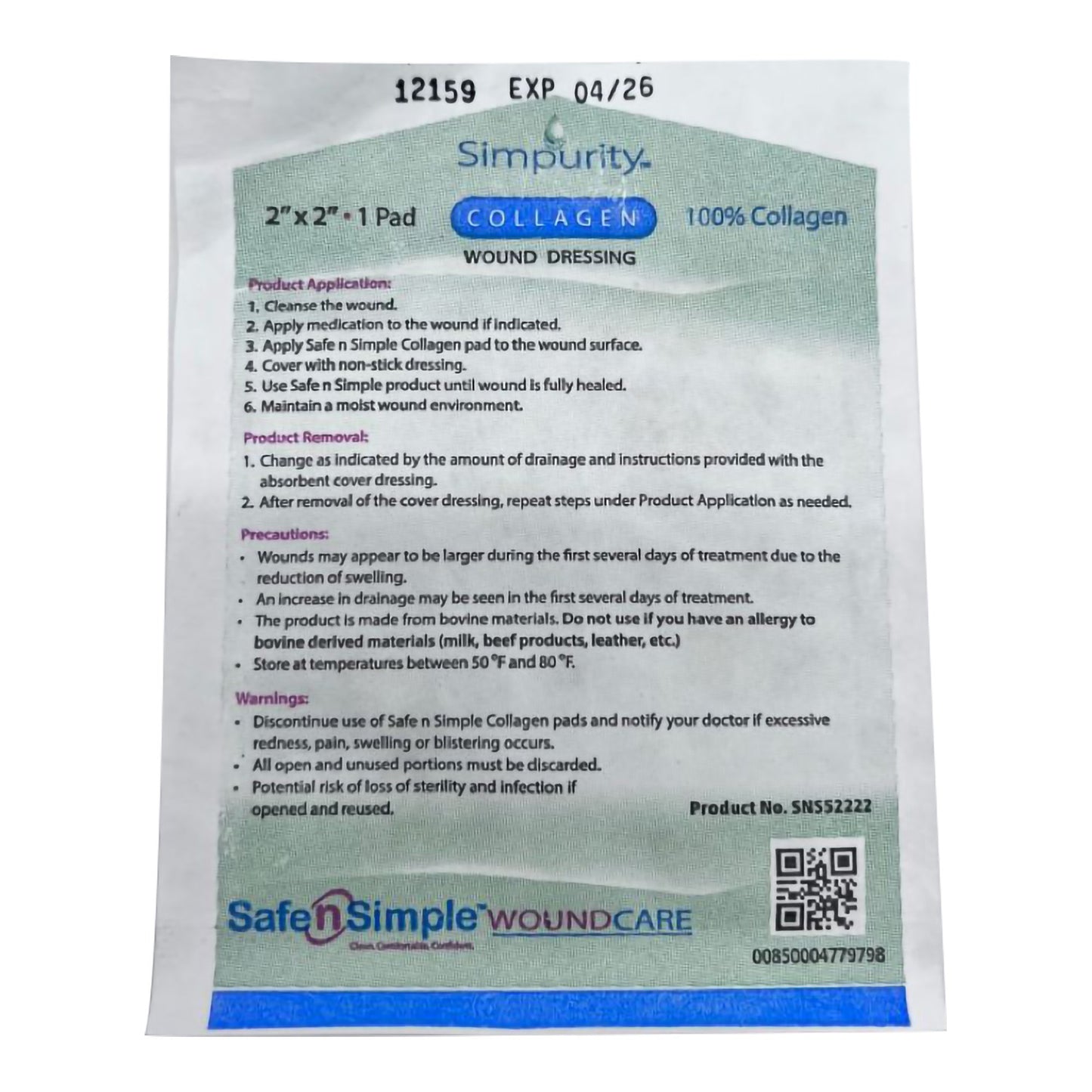 Collagen Dressing Simpurity™ 2 X 2 Inch Square Sterile
