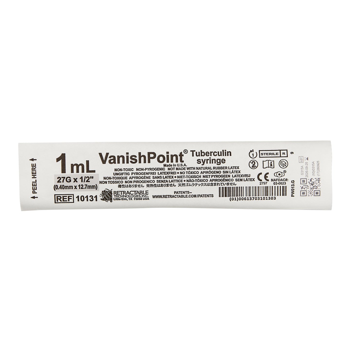 VanishPoint® 1 mL Tuberculin Syringe with Needle, 27 Gauge, 1/2 Inch Needle Length
