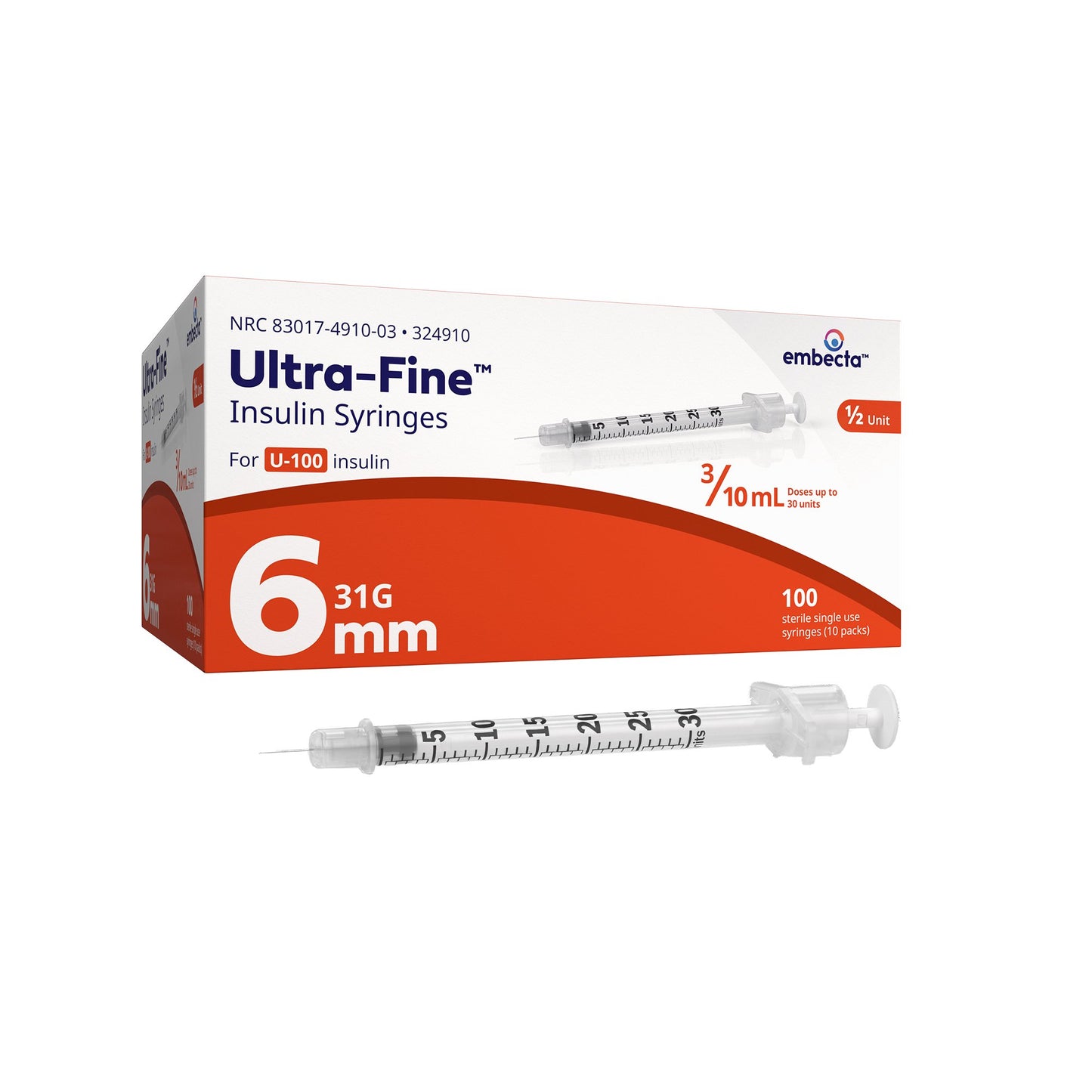 BD 324910 Standard Insulin Syringe with Needle Veo™ Ultra-Fine™ 0.3 mL 15/64 Inch 31 Gauge NonSafety Regular Wall