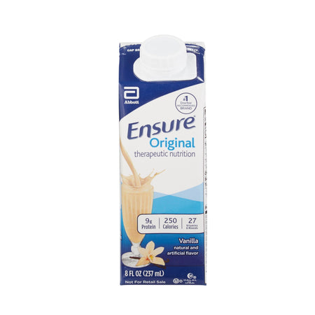 A reclosable 8 oz carton of Abbott 64931 Ensure Original Therapeutic Nutrition vanilla shake at Lexicon Medical Supply.