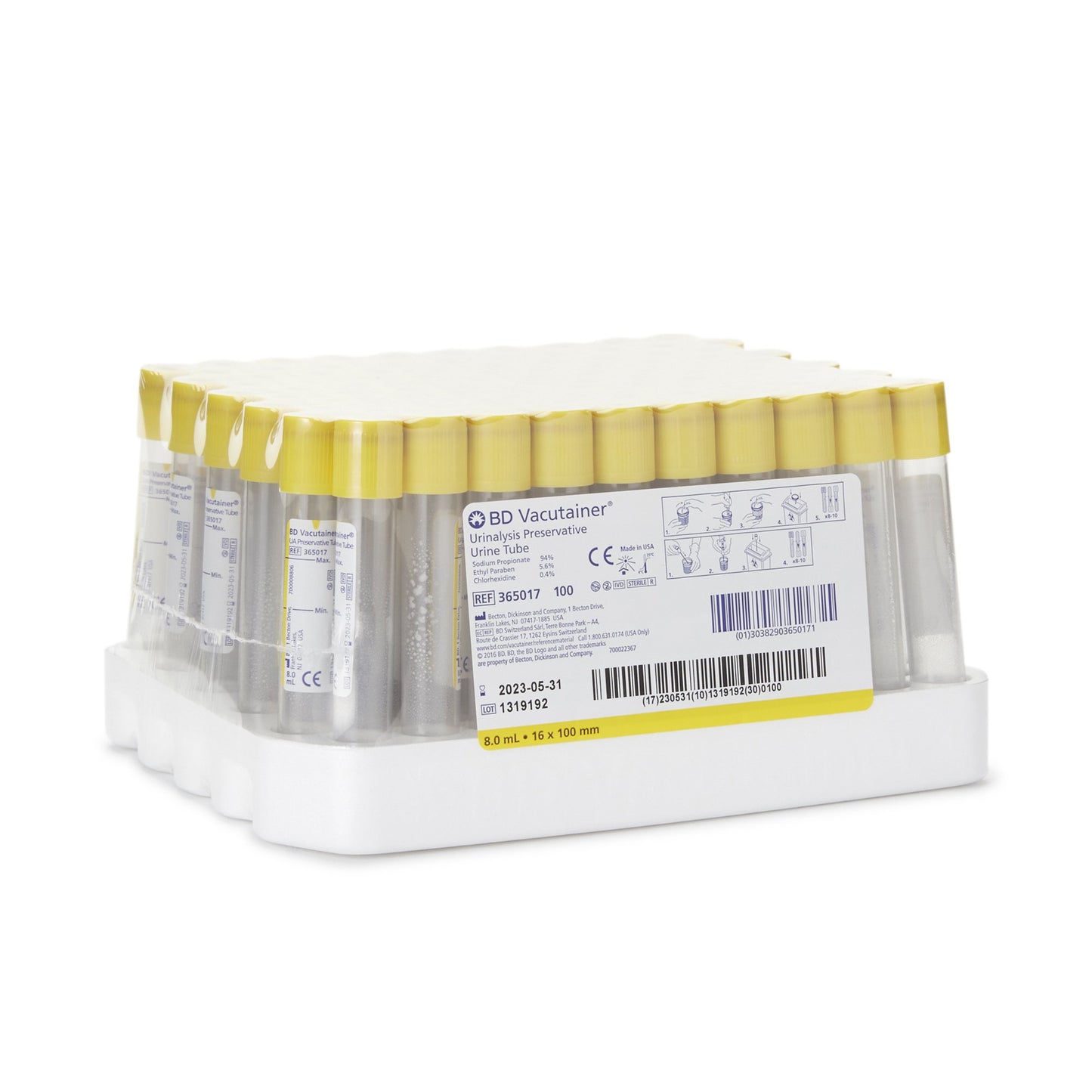 BD 365017 Vacutainer® Urinalysis Tube Chlorhexidine / Ethyl Paraben / Sodium Propionate Additive 8 mL BD Hemogard™ Closure Polyethylene Terephthalate (PET) Tube