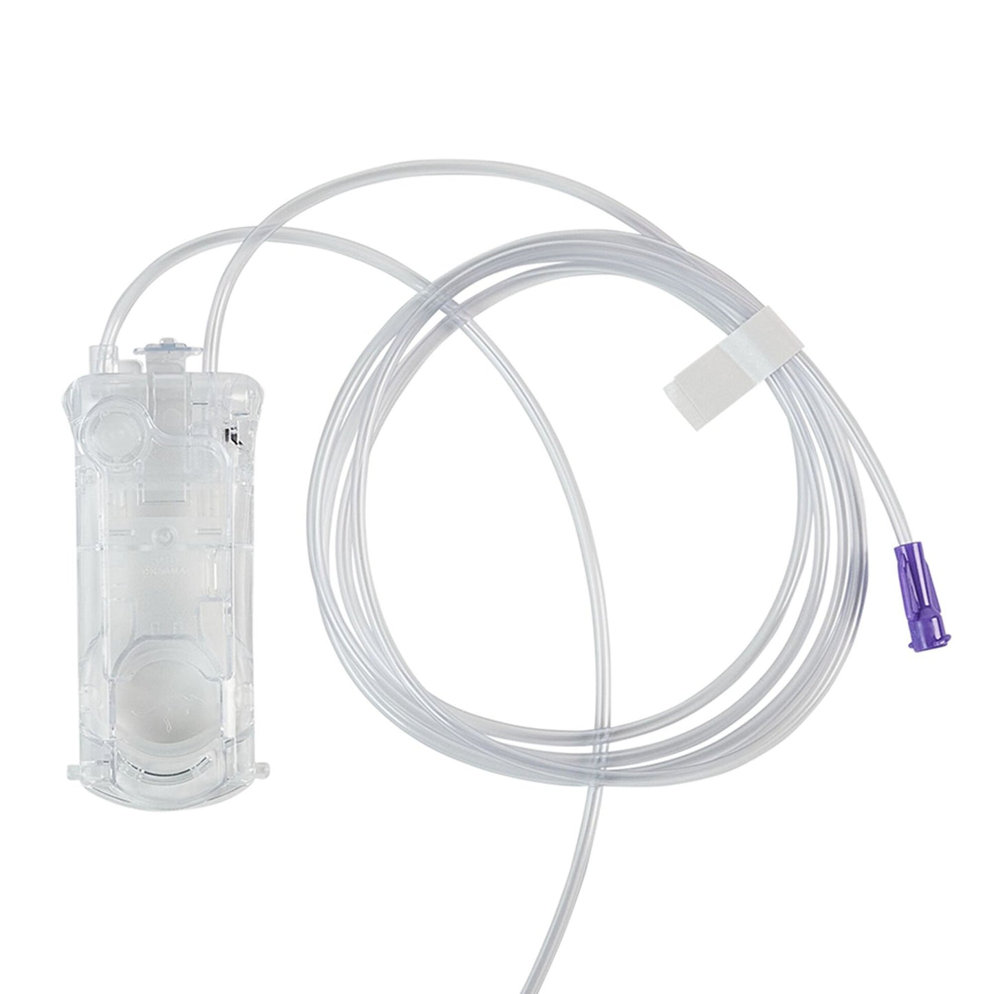 Close up of the clear tubing and connector on a 1000 mL Cardinal Health B10FD Kangaroo OMNI feeding bag.