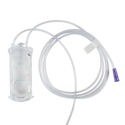 Close up of the clear tubing and connector on a 1000 mL Cardinal Health B10FD Kangaroo OMNI feeding bag.