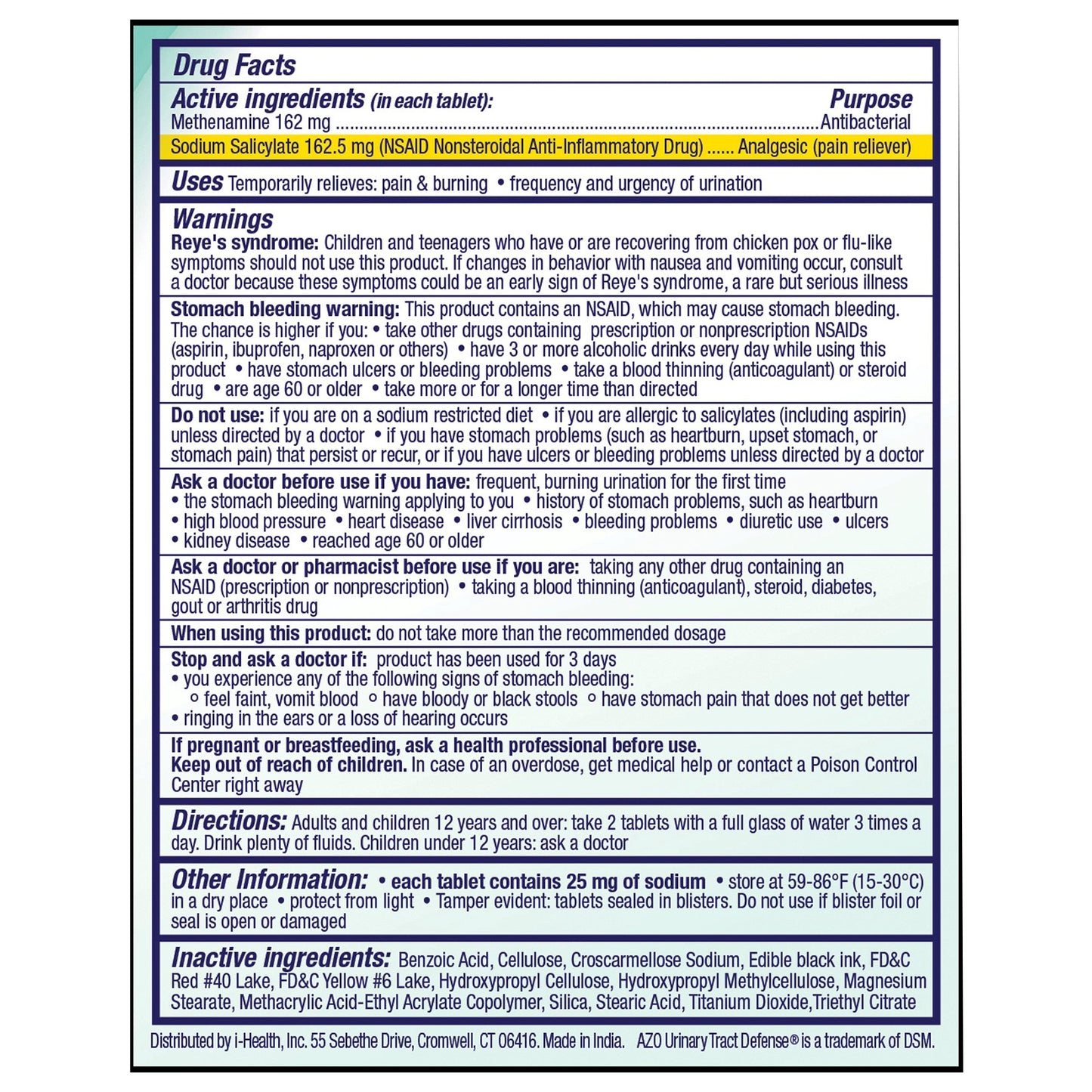 Urinary Pain Relief AZO® Urinary Tract Defense 162 mg - 162.5 mg Strength Methenamine / Sodium Salicylate Tablet 18 per Box