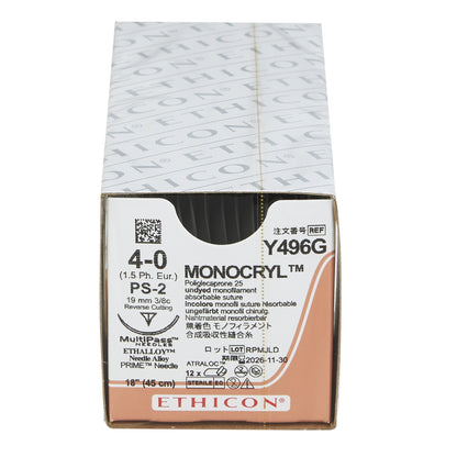 Ethicon Absorbable Suture with Needle Monocryl™ Poliglecaprone PS-2 3/8 Circle Precision Reverse Cutting Needle Size 4-0 Monofilament