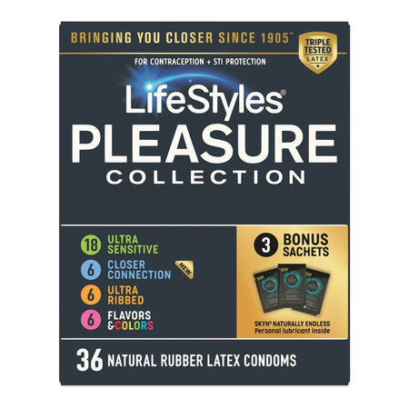 Sxwell USA 310183 Condom Variety Pack Lifestyles Pleasure Collection Lubricated One Size Fits Most 36 Per Box