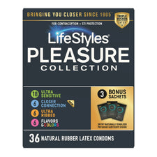 Condom Variety Pack Lifestyles® Pleasure Collection Lubricated One Size Fits Most 36 Per Box