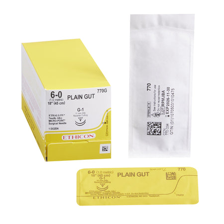 Ethicon 770G GUT PLAIN Absorbable Suture with Needle, Size 6-0, G-1 Precision Reverse Cutting
