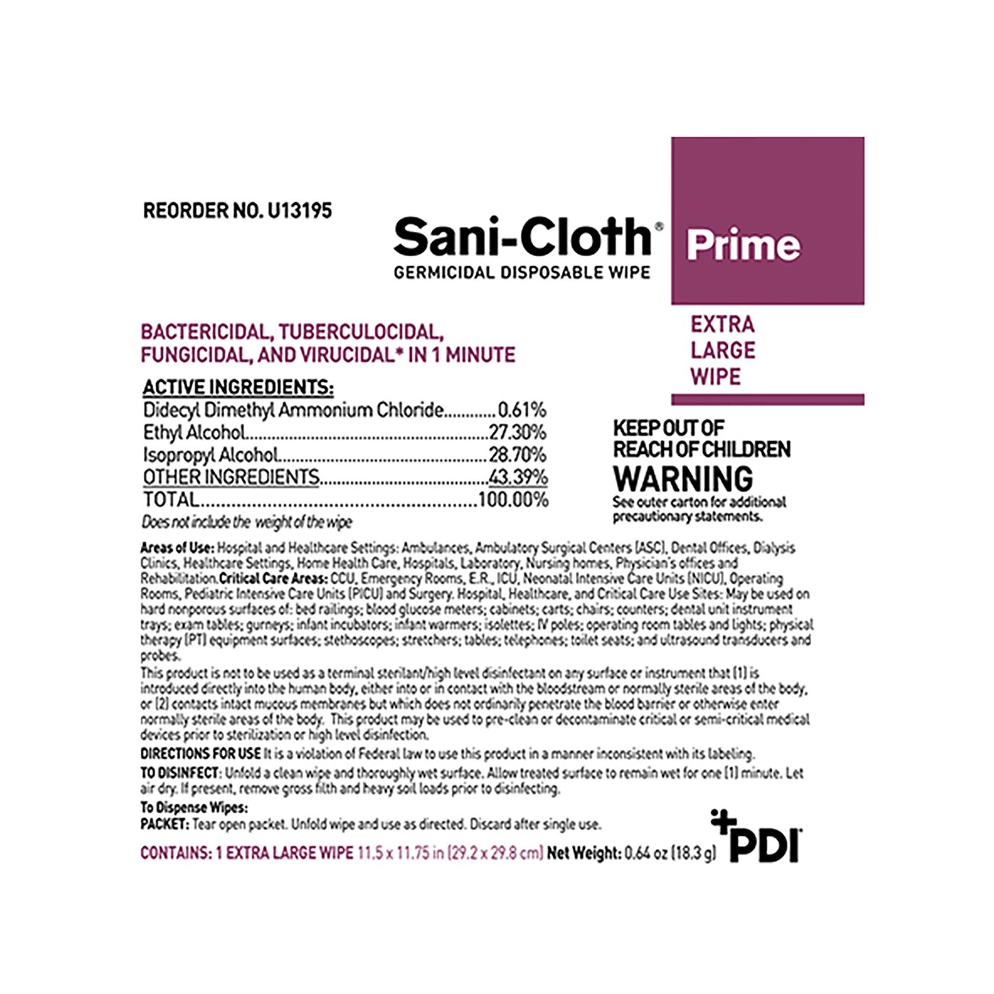Sani-Cloth® Prime Extra Large Germicidal Disinfectant Wipes, 11.5 x 11.75 Inch