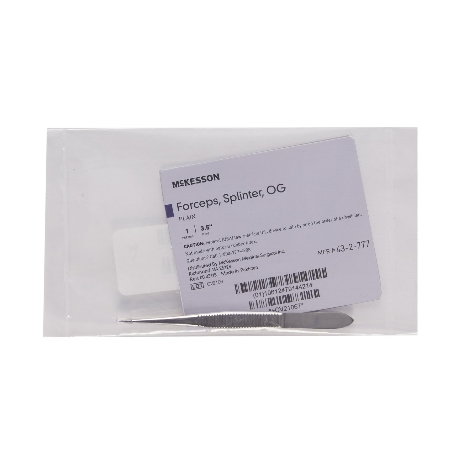 McKesson Plain Splinter Forceps, 3.5 in