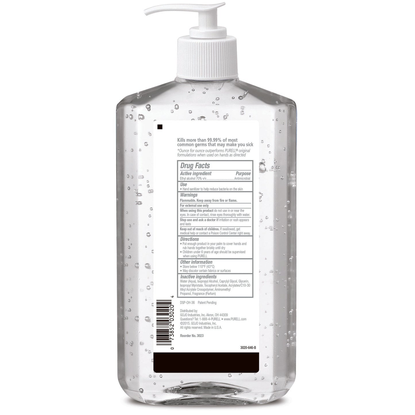 Purell Advanced Hand Sanitizer 70% Ethyl Alcohol Gel, Pump Bottle, 20 oz