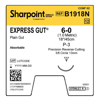 Absorbable Suture with Needle Surgical Specialties™ Plain Gut P-3 3/8 Circle Precision Reverse Cutting Needle Size 6-0 Monofilament