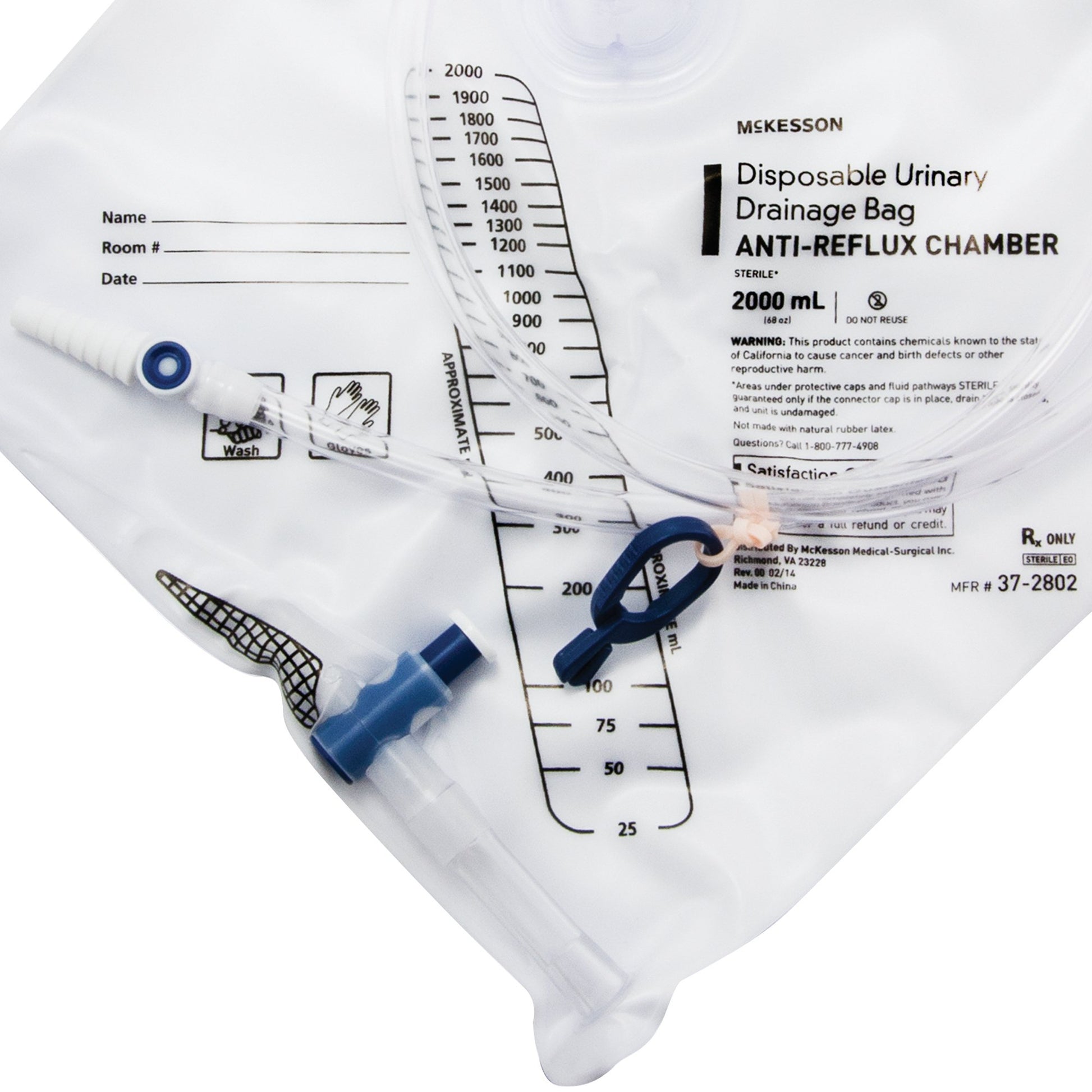 McKesson 37-2802 Anti-Reflux Valve Sterile 2,000 mL Vinyl urinary drain bag by McKesson Brand product image - view 3