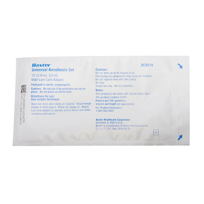 Baxter 2C9218 Universal Anesthesia Set 75 mL (1.9 oz) Male Laryng Adapter in its white sterile packaging, showing blue printed text and instructions.