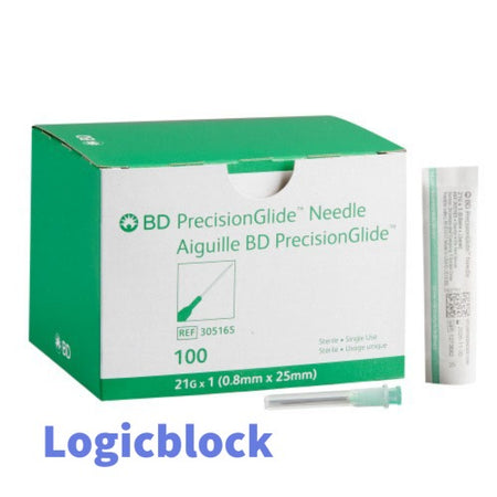 BD 305165 PrecisionGlide Hypodermic Needle Without Safety, Thin Wall, 21g x 1", 100/Box