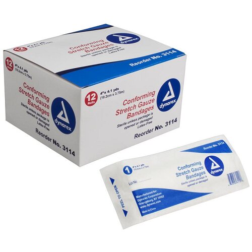 Dynarex Stretch Gauze Bandage Roll, Sterile, 4" x 4.1yds, 12/box, 3114