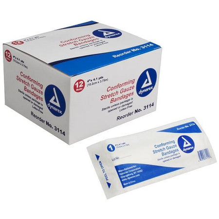 Dynarex 3114 Stretch Gauze Bandage Roll, Sterile, 4" x 4.1yds, 12/box