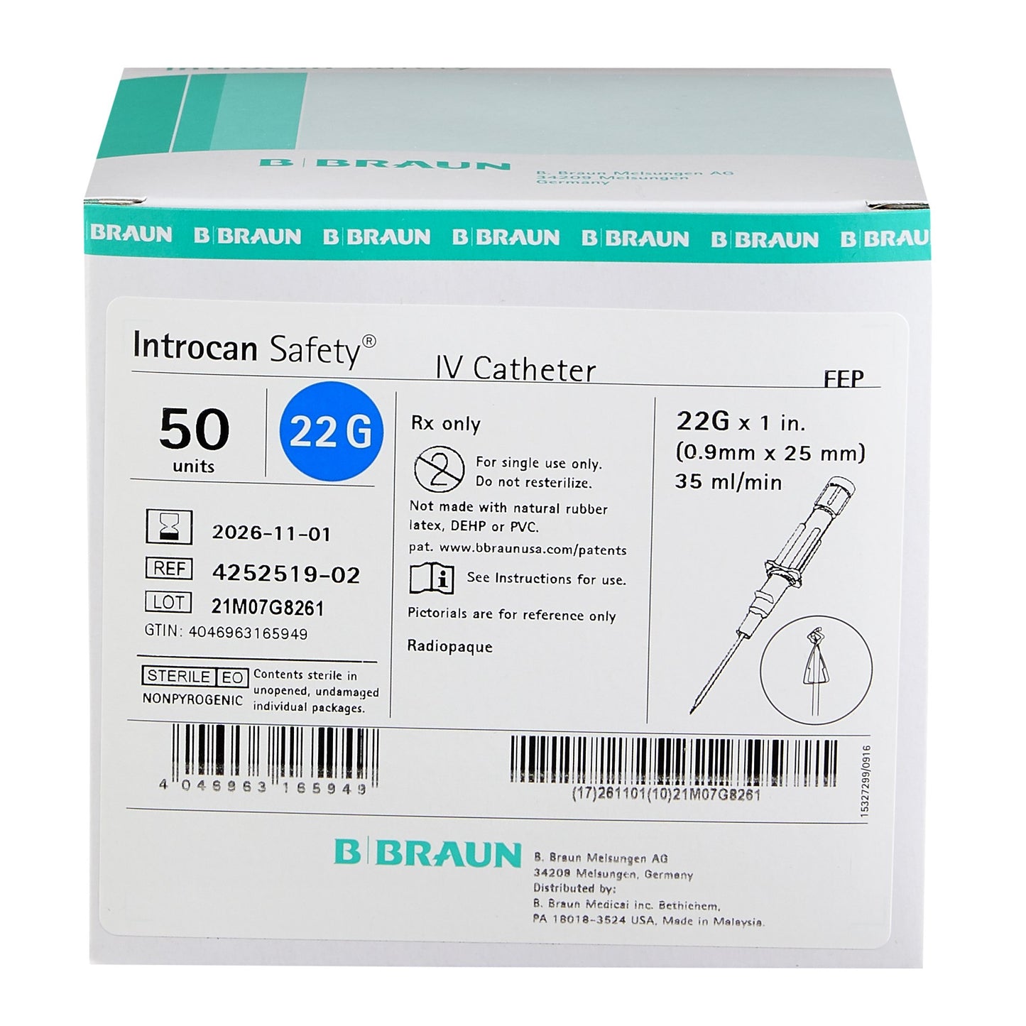 Introcan Safety® Peripheral IV Catheter, 22 Gauge, Straight