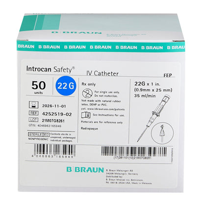 Introcan Safety® Peripheral IV Catheter, 22 Gauge, Straight