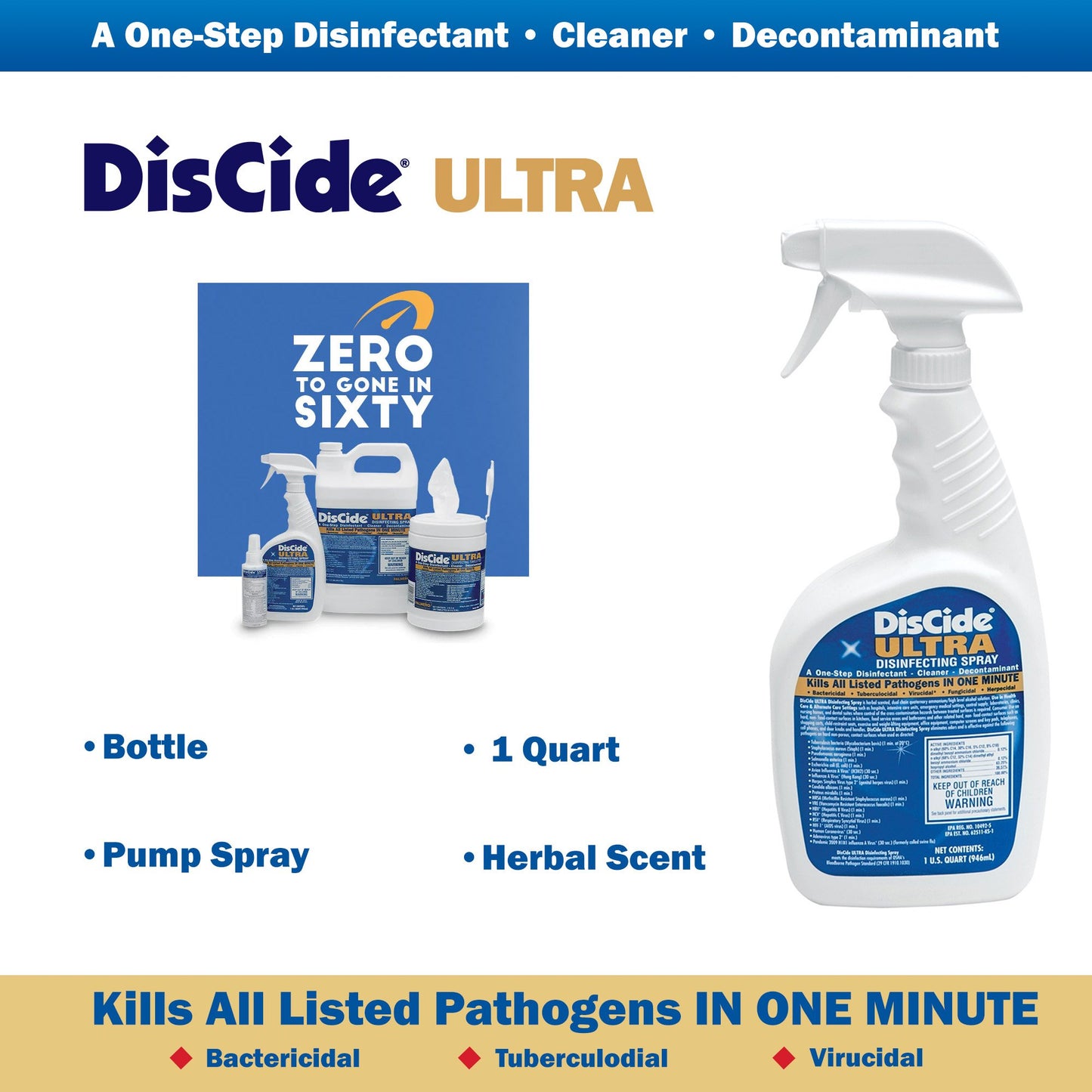 DisCide® Ultra Quaternary Based Surface Disinfectant Cleaner, 1 quart