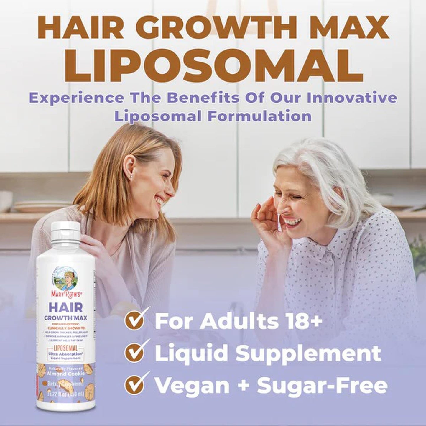 Dietary Supplement Mary Ruth's® Hair Growth Max Liposomal Vitamin E / B6 / Biotin 4 mg / 3 mg / 10,000 mcg Strength Liquid 15.22 oz. Almond Cookie Flavor