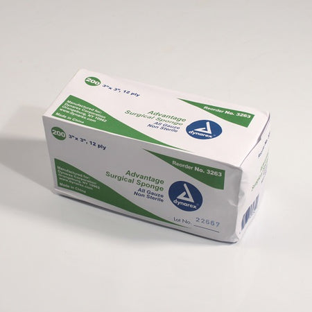 Dynarex 3263 Advantage Surgical Sponge Gauze, NonSterile, 3" x 3", 12-ply