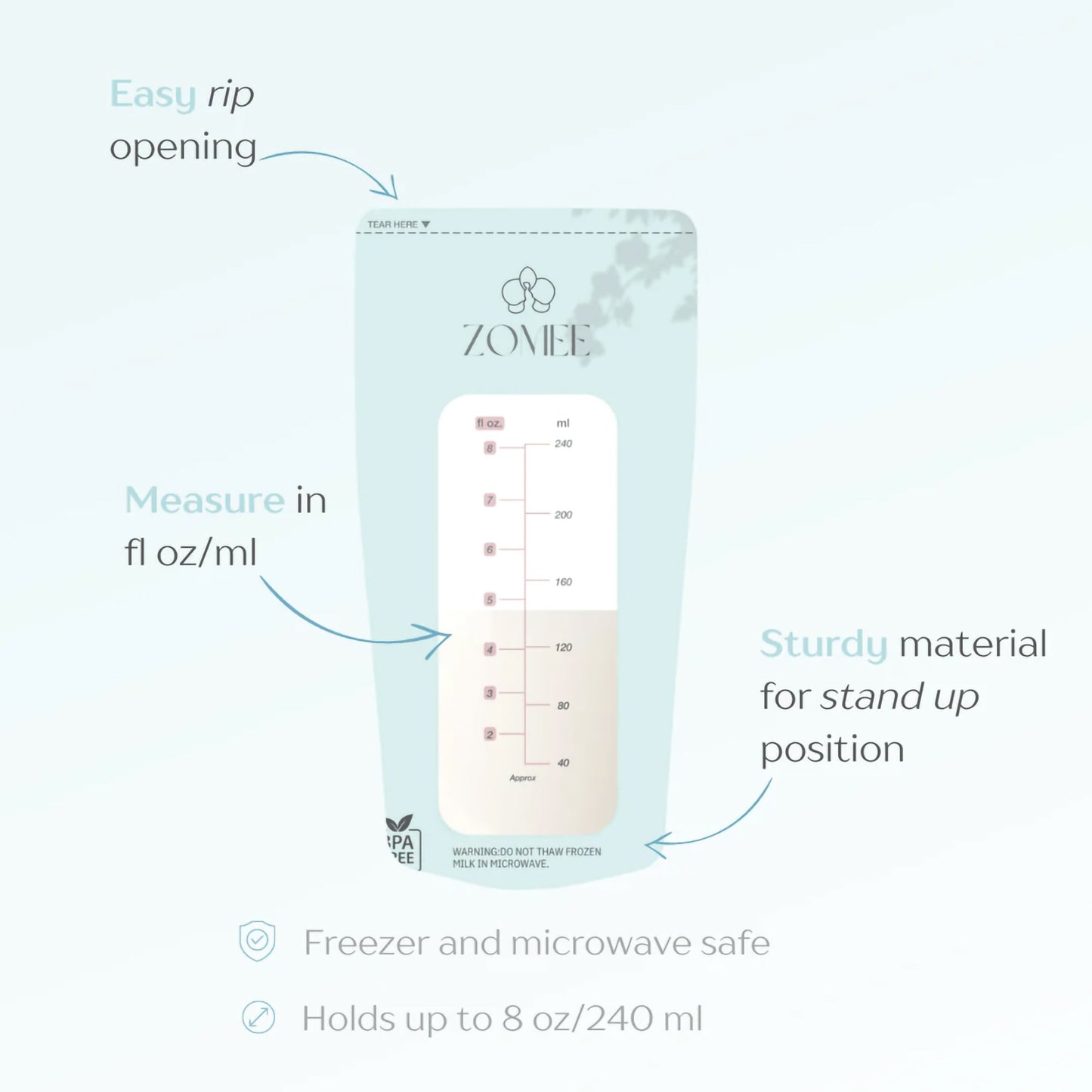 Breast Milk Storage Bag Zomee 8 oz. Food Grade Plastic