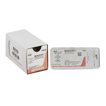 Ethicon Y494G Monocryl Poliglecaprone Absorbable Suture with Needle, Size 4-0