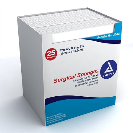 Dynarex 3342 Surgical Gauze Sponge, Sterile, 2's, 4"x 4", 8 Ply, 25/box