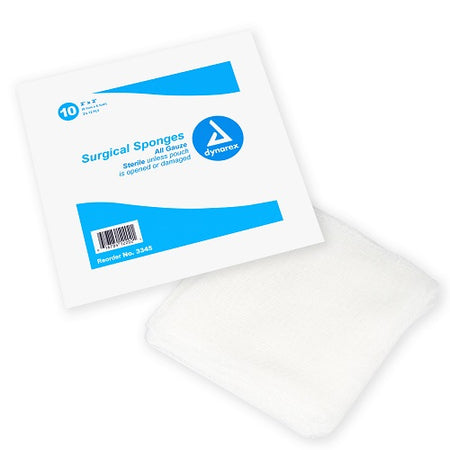 Dynarex 3345 Surgical Gauze Sponge, Sterile, Tray 10's, 4"x 4", 12-ply, 10/box