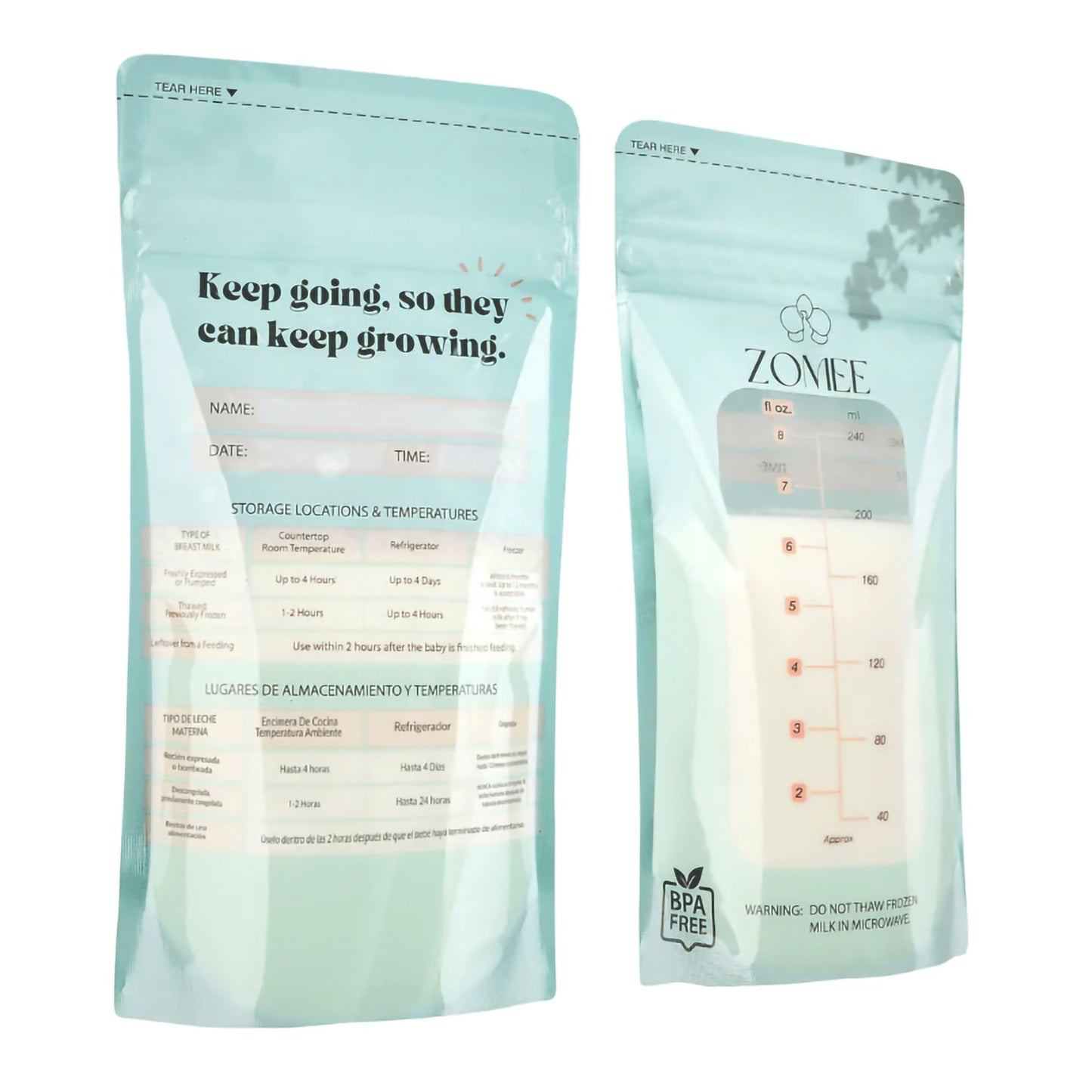 Breast Milk Storage Bag Zomee 8 oz. Food Grade Plastic
